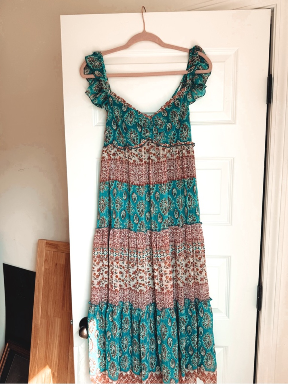 City Triangles Teal and Rust Tiered Dress with Gold Detailing